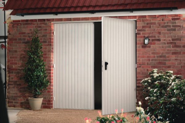 Single white side hinged Garador garage door - JB Garage Doors