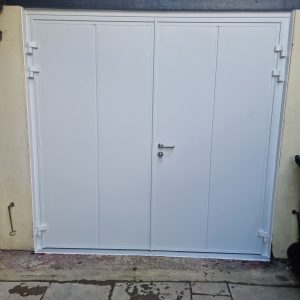 white side-hinged garage doors