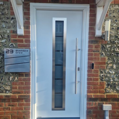blue composite front door with window