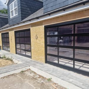 Glass glazed garage door.