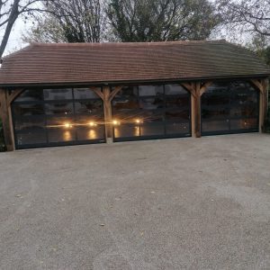Glass garage door with black frames.
