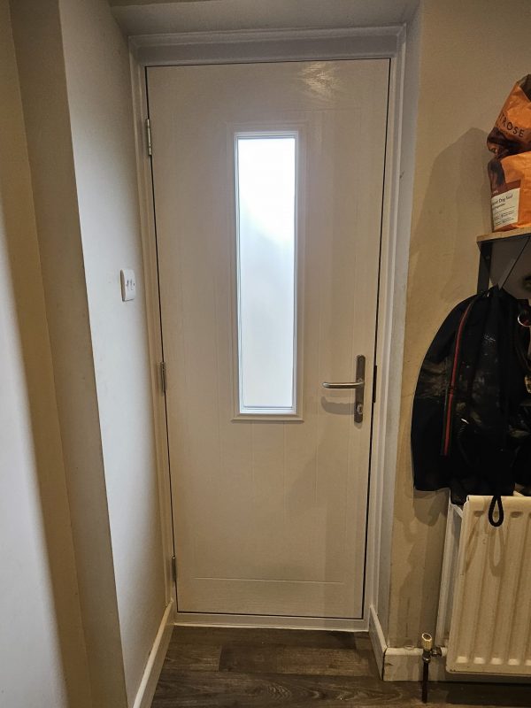 Inside composite front door.