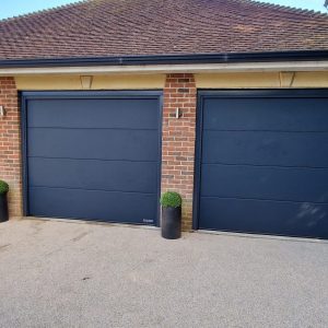 Double blue electric garage doors.