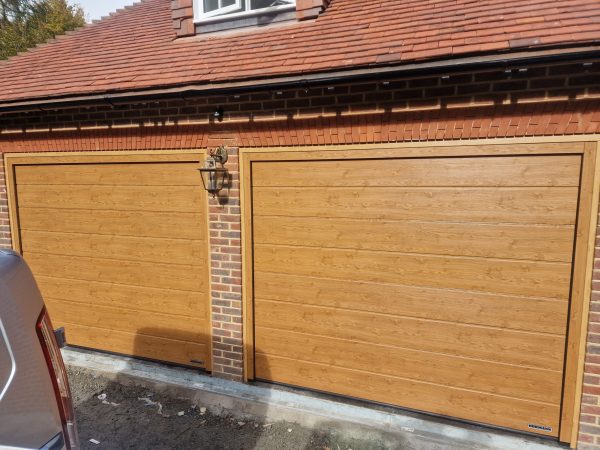 Golden oak garage doors.